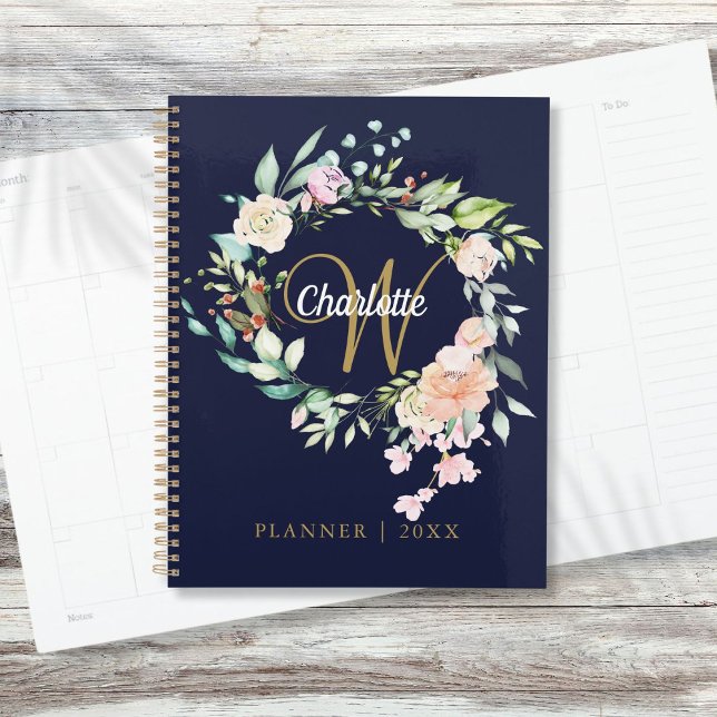 Agenda Rosas Floral Script Monograma Marina Oro Azul (Roses Floral Script Monogram Navy Blue Gold Planner)