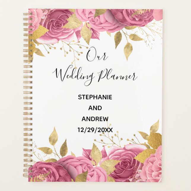 Agenda Rosas Florales de Oro Rosa Elegante Boda  (Anverso)