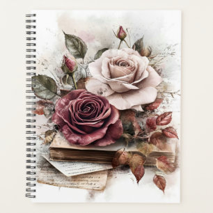 Agenda Rosas granate y blancas con letras y libros