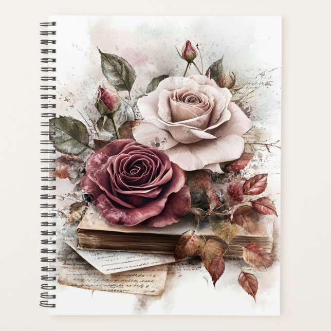 Agenda Rosas granate y blancas con letras y libros (Anverso)