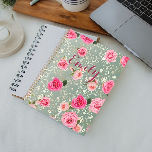 Agenda Rosas rosadas vintage en nombre personalizado Verd (Subido por el creador)