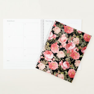Agenda Rosas victorianos rosados sobre el patrón negro