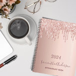 Agenda Rose gold glitter blush pink appointment book 2023<br><div class="desc">A faux rose gold metallic looking background with elegant rose gold and pink faux glitter drips, paint dripping look. Template for a year. Personalize and add a name and a title. The name is written in dark rose gold with a modern hand lettered style script. Perfect for business, school, work,...</div>