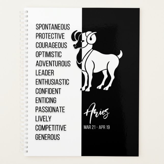 Agenda Rótulo Aries Zodiac, blanco y negro (Anverso)