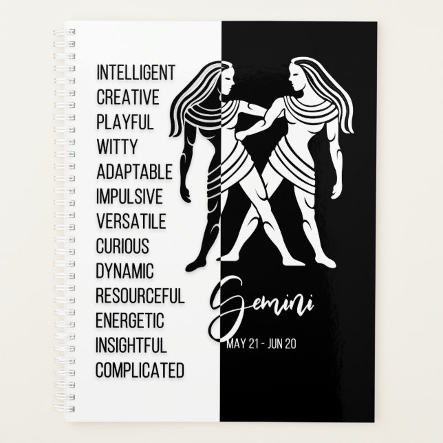 Agenda Rótulo Gemini Zodiac, blanco y negro (Anverso)
