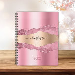 Agenda Rubor color rosa oro metalizado agate nombre de má<br><div class="desc">Rubor rosa y falso oro metalizado y agate,  impresión de piedra de mármol como fondo. Personaliza y agrega tu nombre. El nombre está escrito con una escritura de estilo con letras a mano moderna.</div>