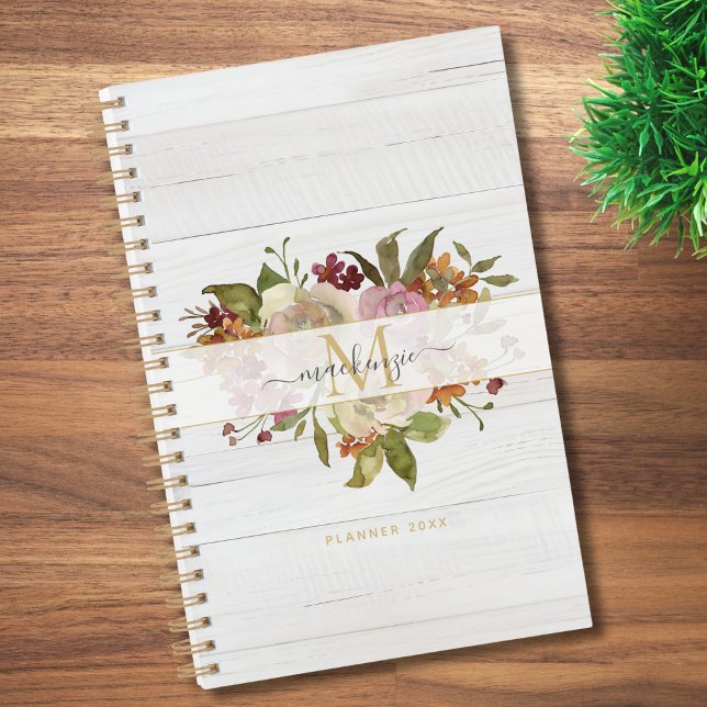 Agenda Rustic Watercolor Rose Bouquet Monogram (Subido por el creador)