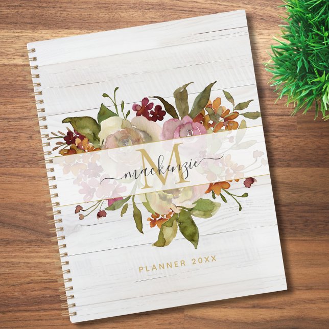 Agenda Rustic Watercolor Rose Bouquet Monogram (Subido por el creador)