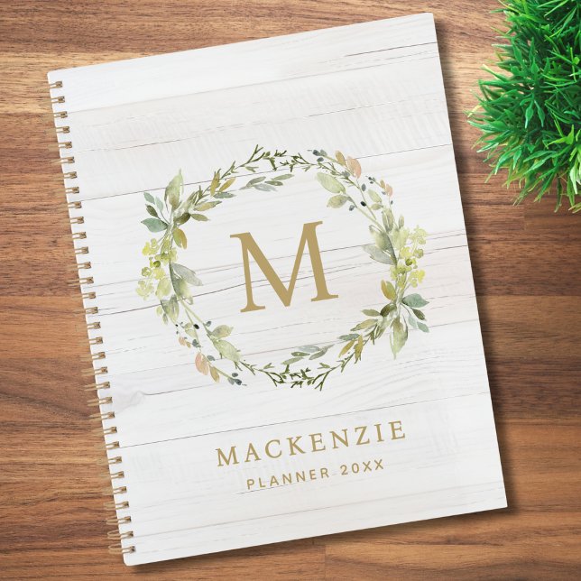 Agenda Rustic Wood Floral Watercolor Monogram (Subido por el creador)