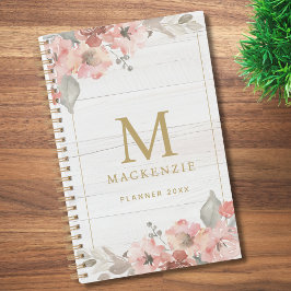 Agenda Rustic Wood Pink Floral Watercolor Monogram