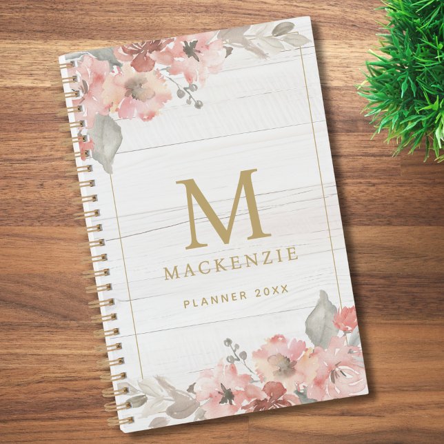 Agenda Rustic Wood Pink Floral Watercolor Monogram (Subido por el creador)