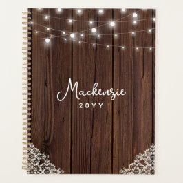 Agenda Rustic Wood String Lights Lace Personalizado