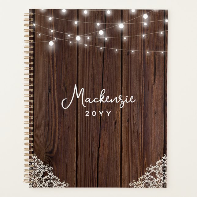 Agenda Rustic Wood String Lights Lace Personalizado (Anverso)