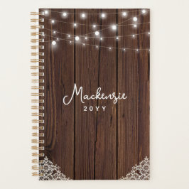Agenda Rustic Wood String Lights Lace Personalizado