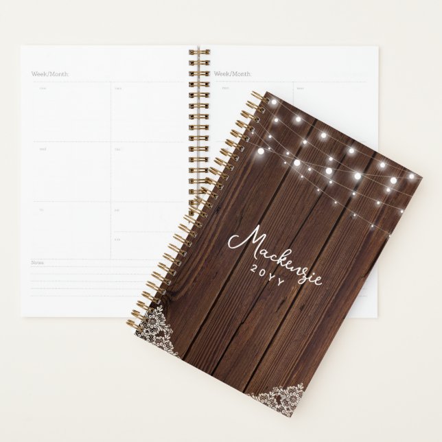 Agenda Rustic Wood String Lights Lace Personalizado (Demostración)