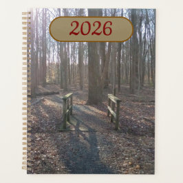 Agenda Rustic Wooden Bridge Amidst Tall Trees Planner