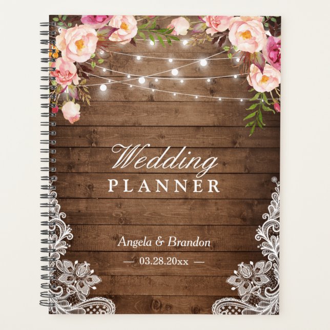 Agenda Rústica Madera Pink Floral String Luces Lace Boda (Anverso)