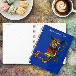 Agenda Sabio Búho Azul Lindo Marrón Leyendo Libros