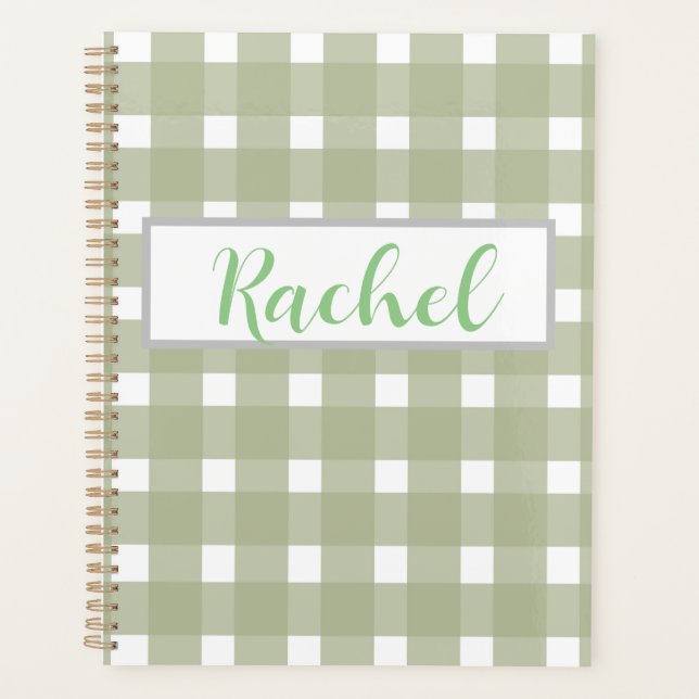 Agenda Sage Green White Gingham Personalizado (Anverso)