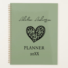 Agenda Sage Green y Black Leopard Pattern Heart