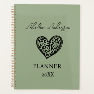 Agenda Sage Green y Black Leopard Pattern Heart