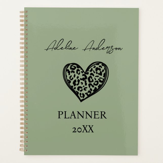 Agenda Sage Green y Black Leopard Pattern Heart (Anverso)
