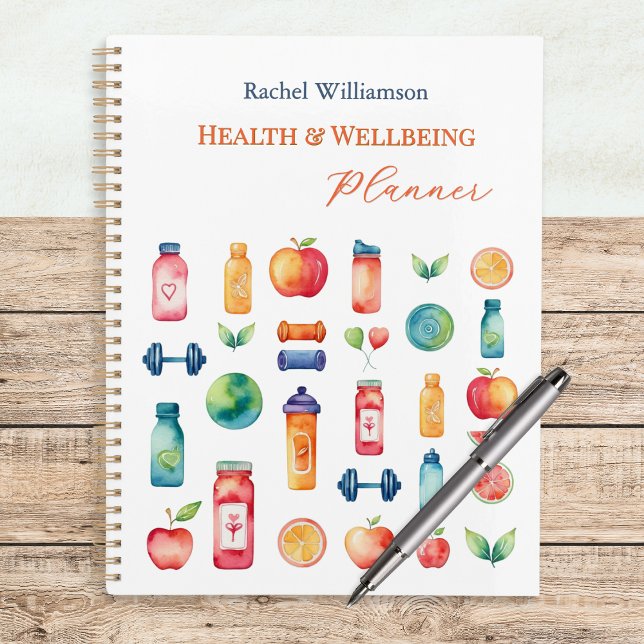 Agenda Salud y bienestar coloridos y personalizados (A spiral-bound Health and Wellbeing planner, with personalized name and colorful illustrated cover)