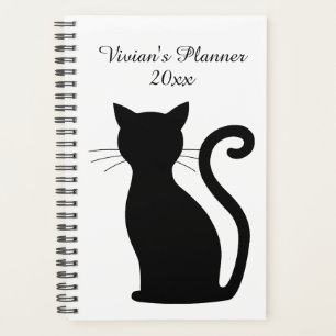 Agenda Silhouette de gato negro lindo Nombre blanco y neg