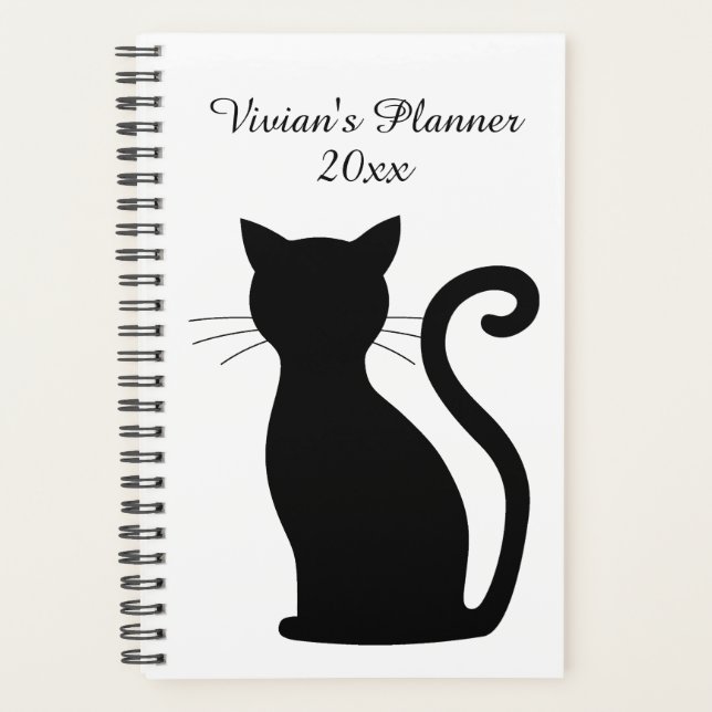Agenda Silhouette de gato negro lindo Nombre blanco y neg (Anverso)