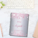 Agenda Silver pink glitter name monogram script 2024<br><div class="desc">A faux silver metallic looking background decorated with pink faux glitter dust. Personalize and add your name.  The name is written with a modern hand lettered style script with swashes. 
To keep the swashes only delete the sample name,  leave the spaces or emoji's in front and after the name.</div>