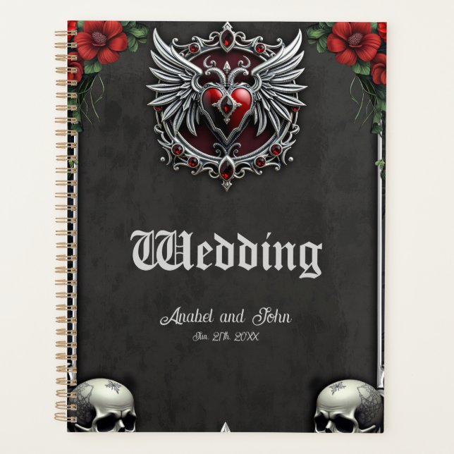 Agenda Simbiosis gótica, corazón elegante y calaveras. (Anverso)
