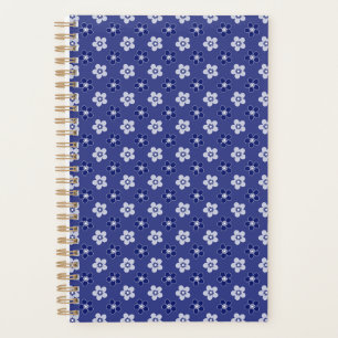 Agenda simple patrón azul sólido floral retro pequeño flo