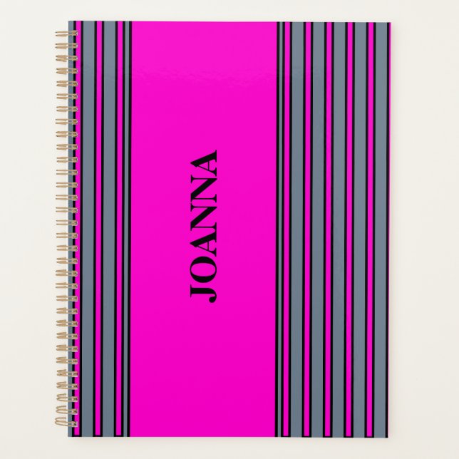 Agenda Slate Grey Fuchsia Elegant Stripes Name (Anverso)