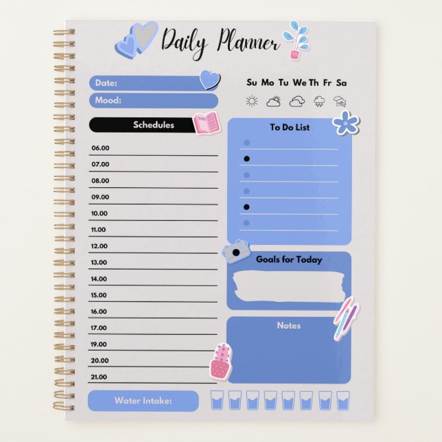 Agenda Soft Blue Daily Planner with Mood & Water Track (Anverso)