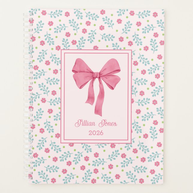 Agenda Soft Pink Floral Framed Pink Bow Custom Name (Anverso)