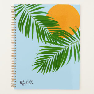 Agenda Sol Tropical Retro Hojas de Palma Azul Nombre Míni