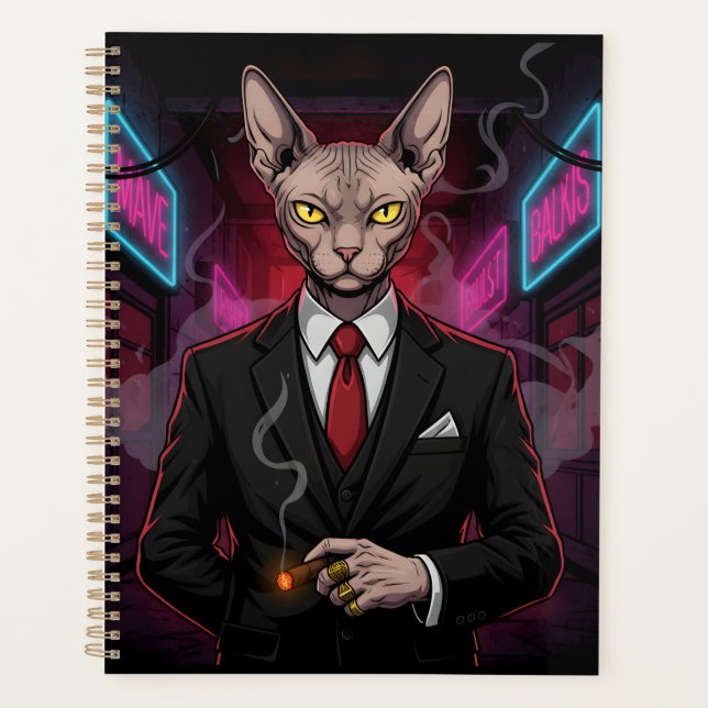 Agenda Sphynx Mafia Cat in Neon Noir Style (Anverso)