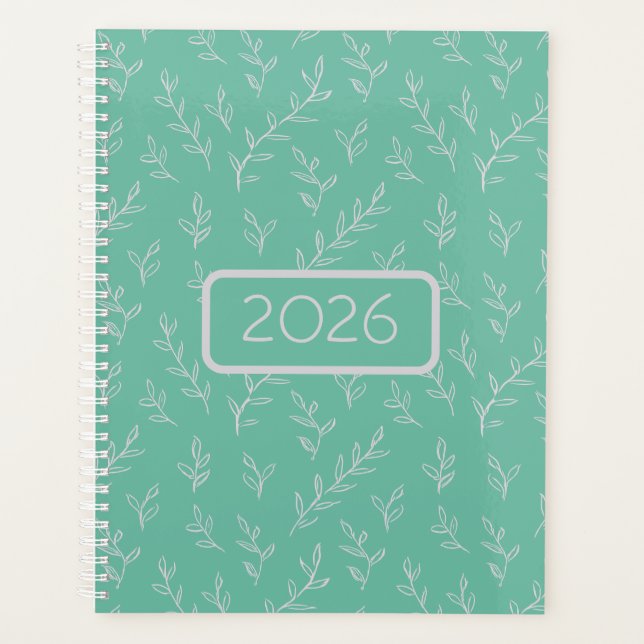 Agenda Springy: Hojas dibujadas a mano sobre verde menta (Anverso)