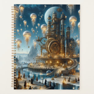Agenda Steampunk Futurista ciudad antigua con medusas
