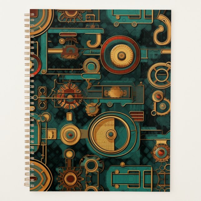 Agenda Steampunk Verde azulado oro rojo (Anverso)
