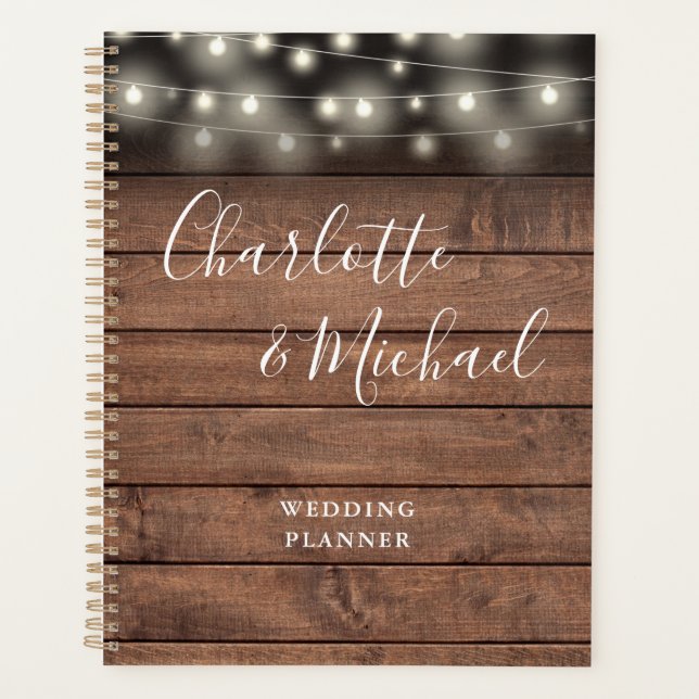 Agenda String Lights Rustic Wood Signature Boda de guione (Anverso)