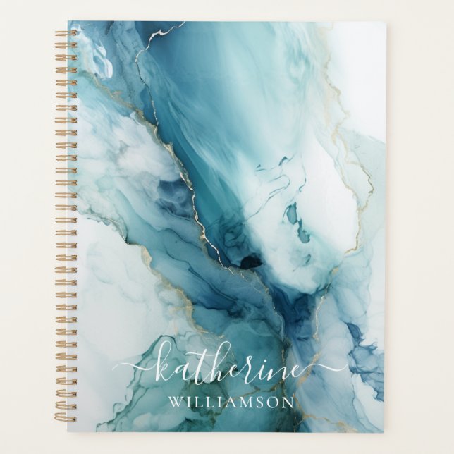 Agenda Stylish Script Blue&Gold Marble Custom Name (Anverso)