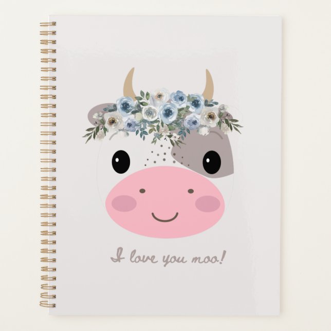 Agenda ¡Te amo moo! Vaca cutánea con guirnalda floral (Anverso)
