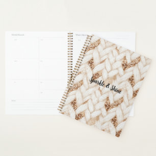 Agenda Tela Falsa Tejida Blanca con Brillo Dorado