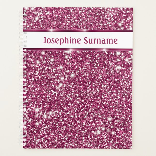 Agenda Textura de brillo rosa falso con texto personaliza (Anverso)