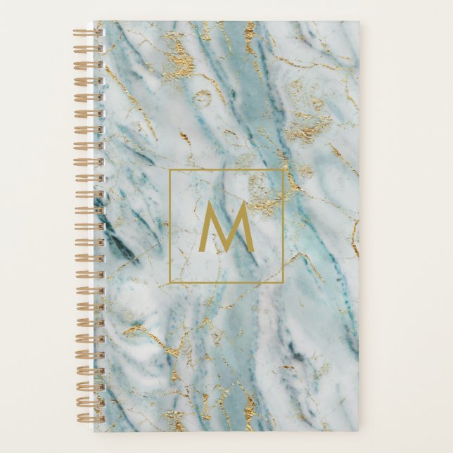 Agenda Textura moderna de mármol azul y oro monogramada (Anverso)