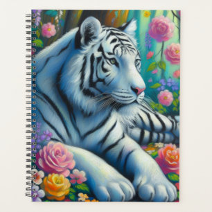 Agenda Tigre blanco en un bosque con flores color rosa Ve
