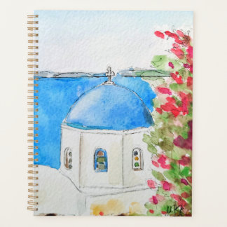Agenda Tinta azul de la iglesia griega y acuarela