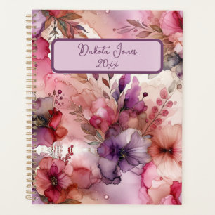 Agenda Tinta de alcohol rosa y morada con flores personal