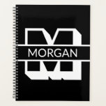 Agenda Tipografía moderna en negrita en blanco y negro<br><div class="desc">Moderno monograma personalizado blanco y negro tipografía en negrita inicial,  letra y nombre,  o apellido,  nombre de familia planificador personalizado. Nombre blanco personalizado e inicial,  letra sobre fondo negro.</div>